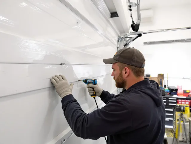 San Juan Capistrano Garage Door Repair technician demonstrating precision dent removal techniques on a San Juan Capistrano garage door